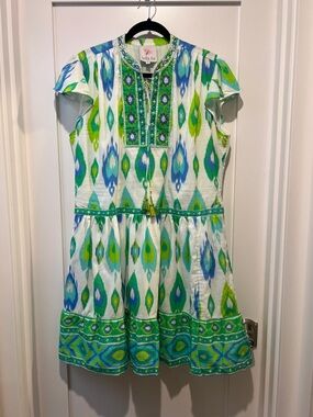 Bella Tu Green & Blue Ikat Mini Dress woman’s large cotton